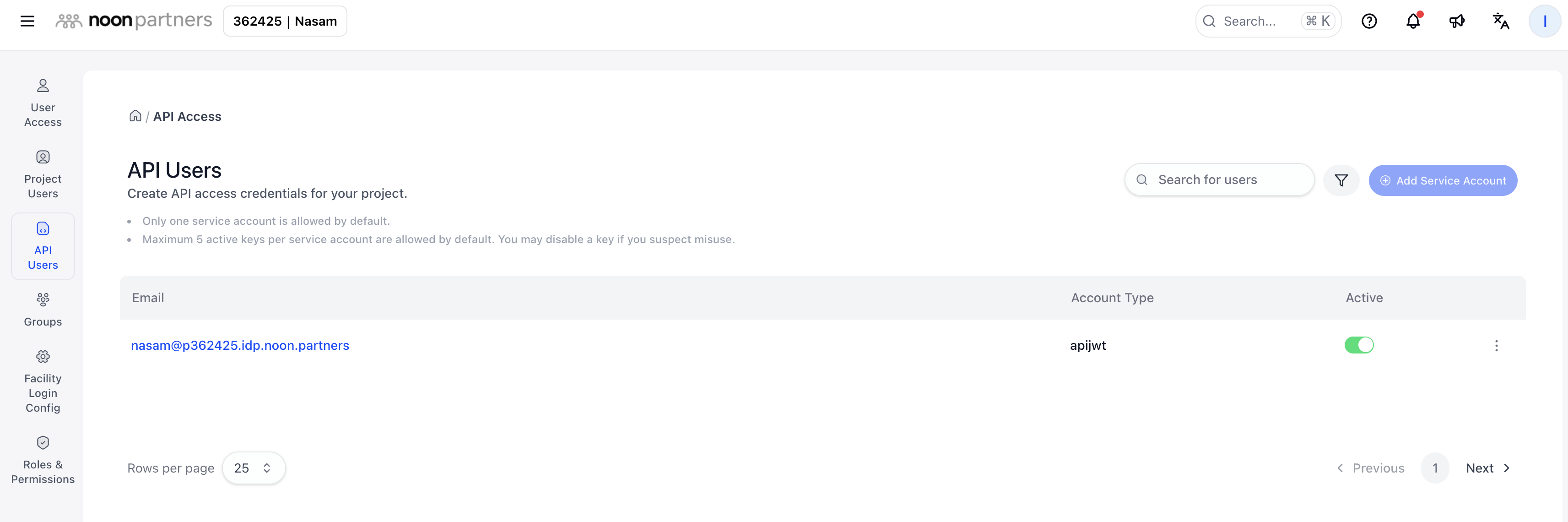 The API Users page in Noon Partners: one active service account